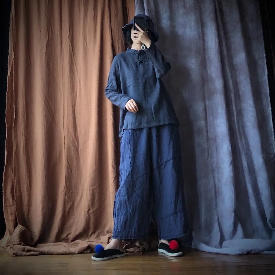 Johnature Patchwork 2020 Autumn New Women Pants Linen Elastic Waist Loose Vintage Ankle-Length Linen Casual Straight Pants