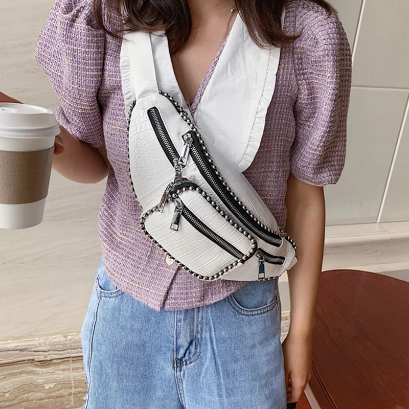 

Burminsa Summer Stone Pattern Chest Bags For Women Bead Rivet Design Female Fanny Pack Multi-Pocket Chain Girls Waist Bags 2020