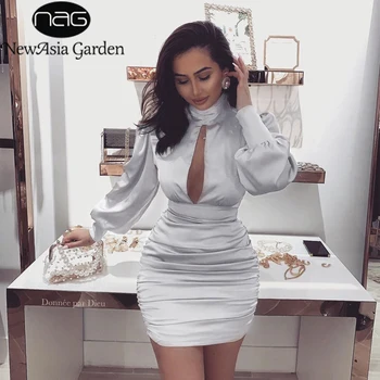 

NewAsia Garden Bodycon Dress Women Ruched Black Dress Chest Hollow Lantern Sleeve Dresses Solid Long Sleeve Turtleneck Vestidos