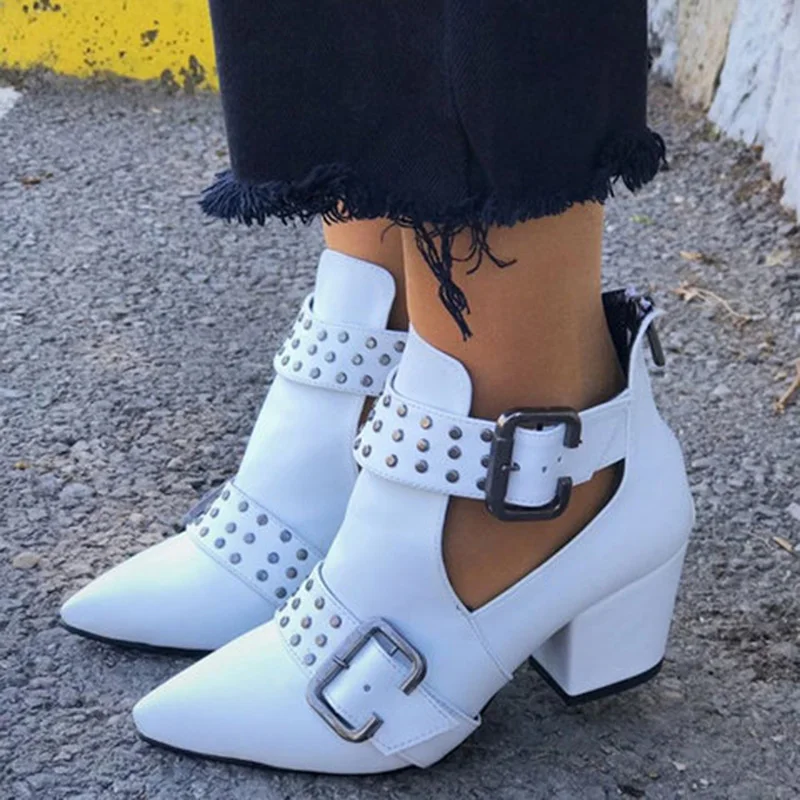 Sexy Winter Women Ankle Boots Leather Platform High Square Heel Rivet Belt Buckle Straps Punk Zipper Black Biker Botas Femininas - Цвет: white