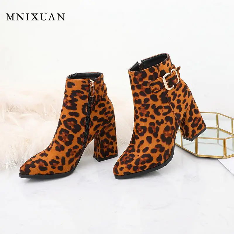 

MNIXUAN Women Shoes Size 10 Leopard Shoes 2019 winter new Pointed Toe High Heel Ankle Boots block High Heel Boots Ladies Boots