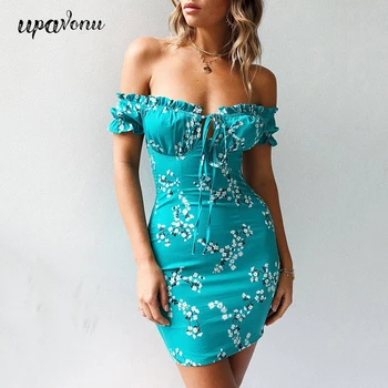 

UpAvonu 2020 Summer Women's Mini Sexy Bodycon Dress Ruffle Lace Up Floral Beach Dress Summer Short Sleeve Dress Vestidos