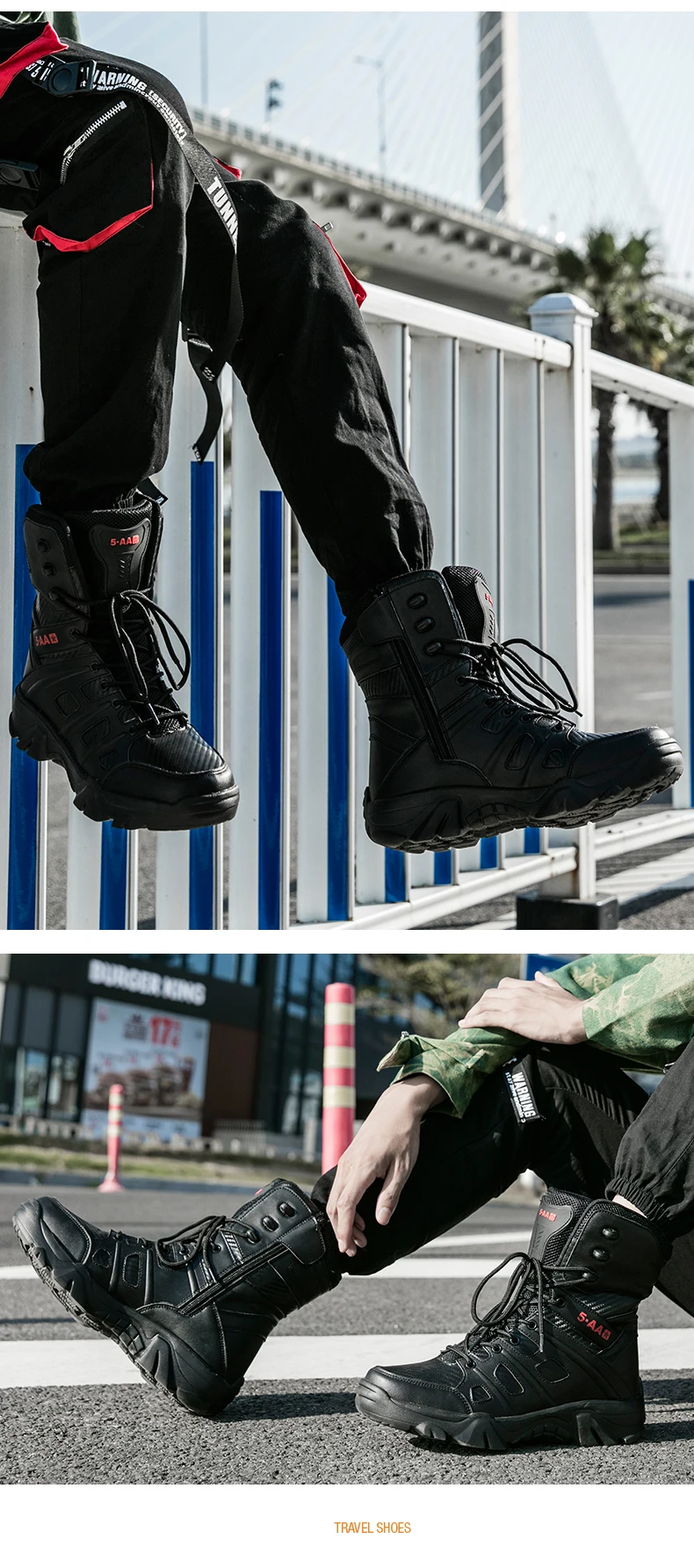 Boots Men Boots Leather Ankle Lace up Military boots Outdoor work Light fashion Moto Black Boots