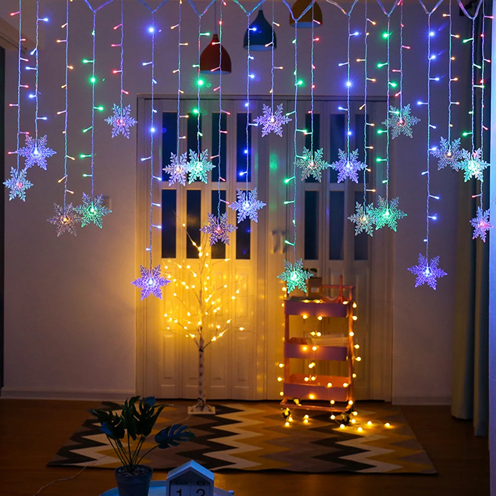 

Memory 8 Mode Flashing Light Waterproof Holiday Outdoor Xmas Snowflake LED Curtain String Party Connectable Wave Fairy Light D30