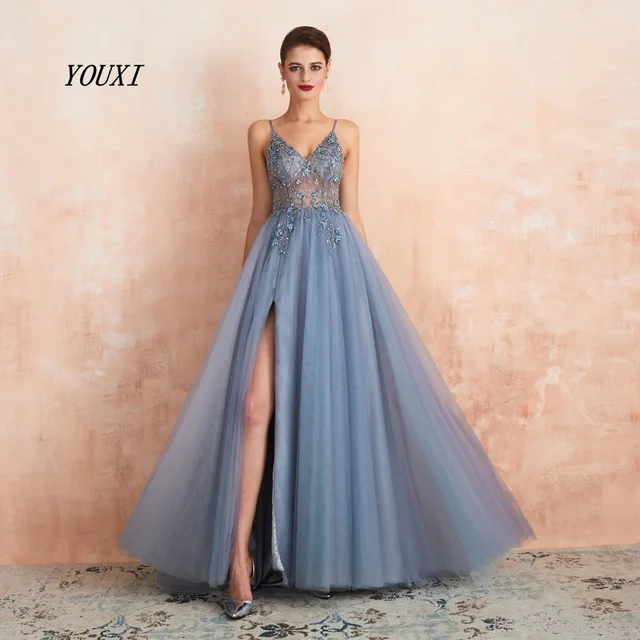 Sexy Spaghetti Straps Evening Dresses 2020 New Arrival V-Neck Rhinestones Beading Formal Prom Gowns with Slit robe de soiree blue gray
