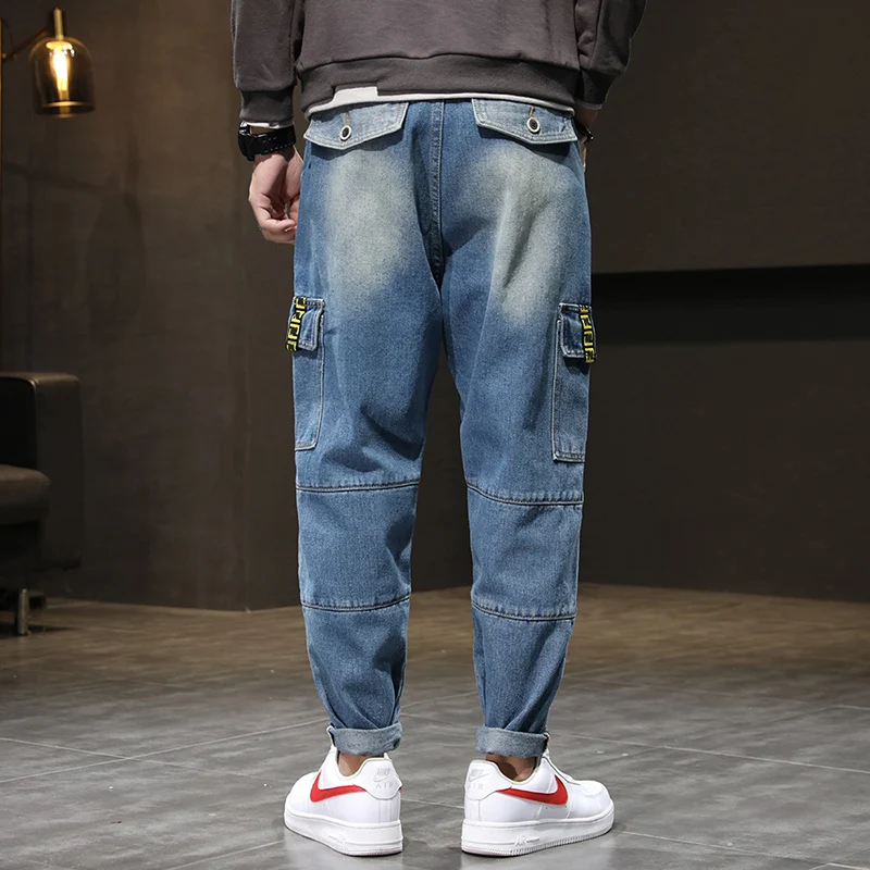 Jeans Men Light Blue Baggy Harem Pants Loose Fit Streetwear Side Pockets Fashion Jeans for Men