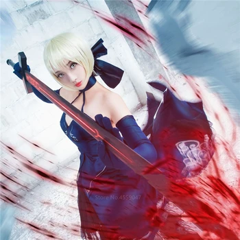 

2020 Halloween Japanese Anime Game FGO Fate/stay Night Navy Blue Strap Lace Ruffle Cosplay Costume Dress Bow Set For Women Girls