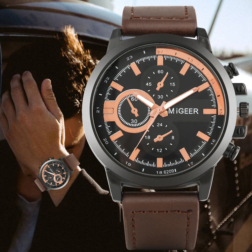 Men's Wristwatch Gift Set Quartz Watch Brown Leather Watchband Black Wallet Male Purse Fine Birthday Gift Box for Daddy Husband