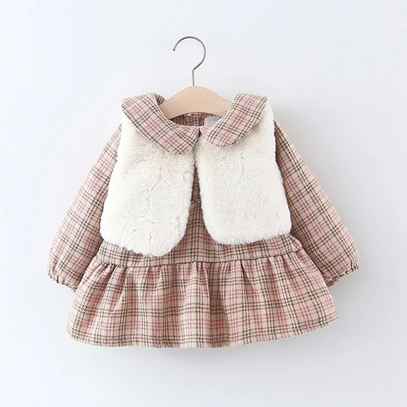 Зимние теплые комплекты с платьем для маленьких девочек Детские Модные Повседневные платья-пачки в клетку с длинными рукавами и жилет кардиган