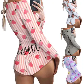 

Women Heart Flower Print Long Sleeve Deep V Neck Slim Sexy Jumpsuit Bodysuit