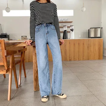 

Fashionable casual trousers loose High Waist Wide legs slim trimmed jeans