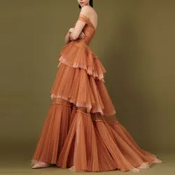 Elegant Tulle Off Shoulder Floor Length Prom Gowns Tiered Layered Ruffles Formal Evening Dresses Custom Made Vestidos De Fiesta