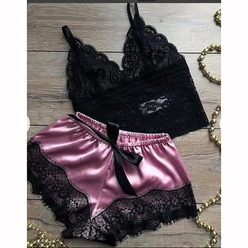 

Sexy Women Silk Satin Lace Sleepwear Lingerie 2pcs Bra Camisole+Shorts Pajama Sets Ladies Sleepshirts Homewear Dropshipping