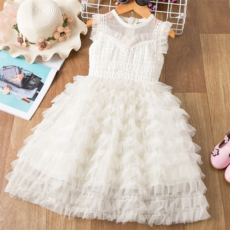 Girls White Lace Dress Summer Short Sleeve Mesh Tulle Cake Smash Tutu Princess Kids Children Wedding Party Costume 8 Years | Детская