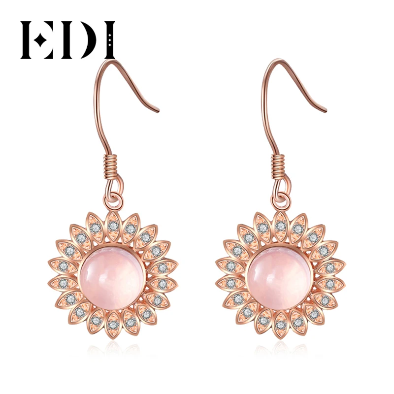 EDI Роскошные 3CT натуральный розовый кварц Halo висячие серьги 925 стерлингового серебра девушка серьги женские настоящие красивые украшения с кристаллами
