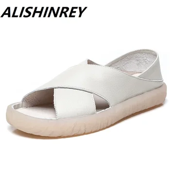 

ALISHINREY Women Sandals Genuine leather Non-slip Soft Comfortable Summer Shoes Flat Platform Two-way Wear Sandals