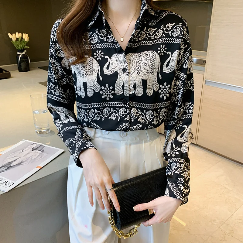 Women's Long Sleeved Animal Print Satin Silk Shirt, Girl's Top, European and American Style, Autumn Fashion, New 3d print animal series wolf king hoodie brand fashion autumn all over printed mens sweatshirt unisex pullover casual jacket tops