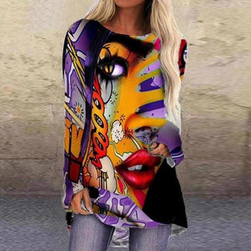 

Women Abstract Face Printed Blouse Shirt Vintage Long Sleeve Irregular Tops Pullover Casual Streetwear Blouse Plus Size 5XL