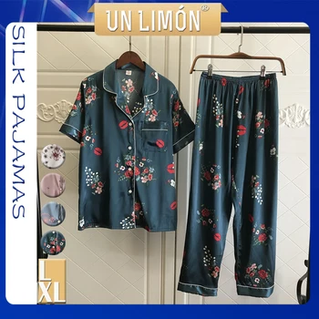 

UNLIMON Women Sleepwear Faux Silk Short Sleeve Long Pants Korean Fashion Floral Pajamas