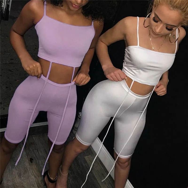 

Women Two Pieces Sexy Strap Bodycon Slim Bra Tank Crop Tops High Waist Biker Shorts Set Jumpsuit Romper Sleeveless Summer Outfit