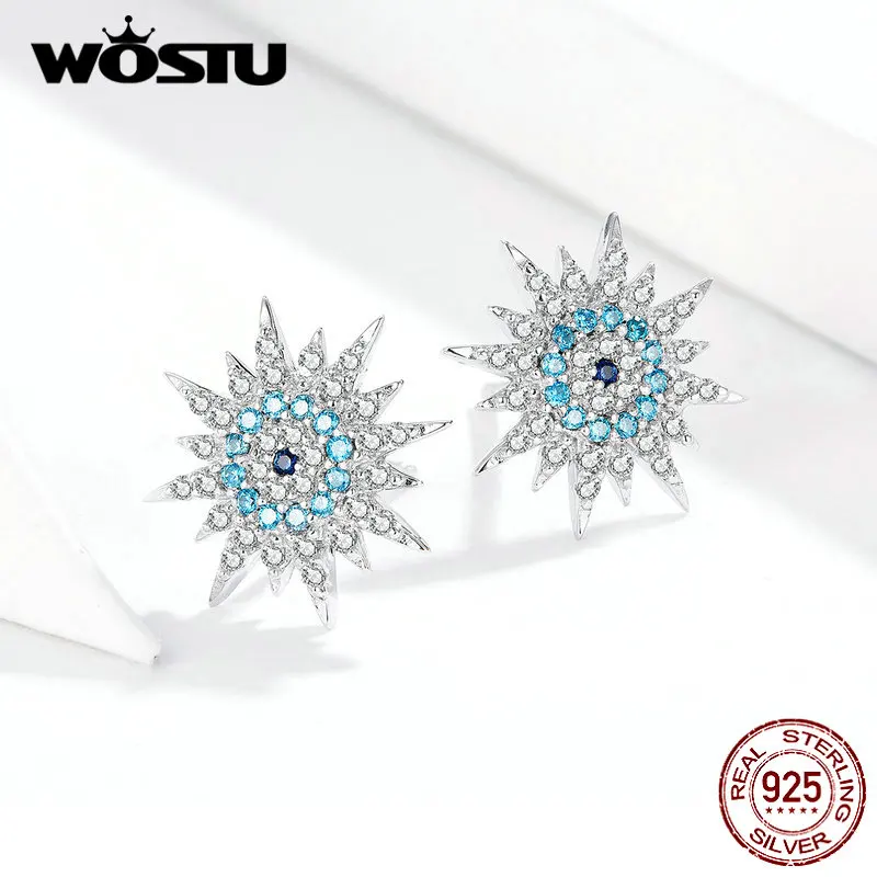 WOSTU, 925 пробы, серебряные серьги-гвоздики Lucky Eyes для женщин, блестящий циркон, модные свадебные синие маленькие серьги, ювелирные изделия, DXE751