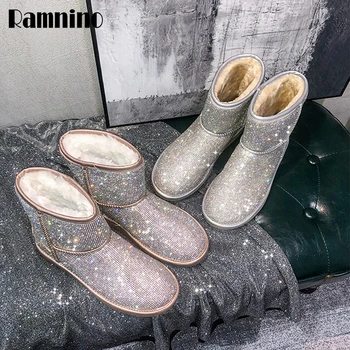 

High Quality Winter Snow Boots Women Warm Flats Rhinestone Ladies Short Boots New Plus Velvet Ankle Boots Female Plus Size 43