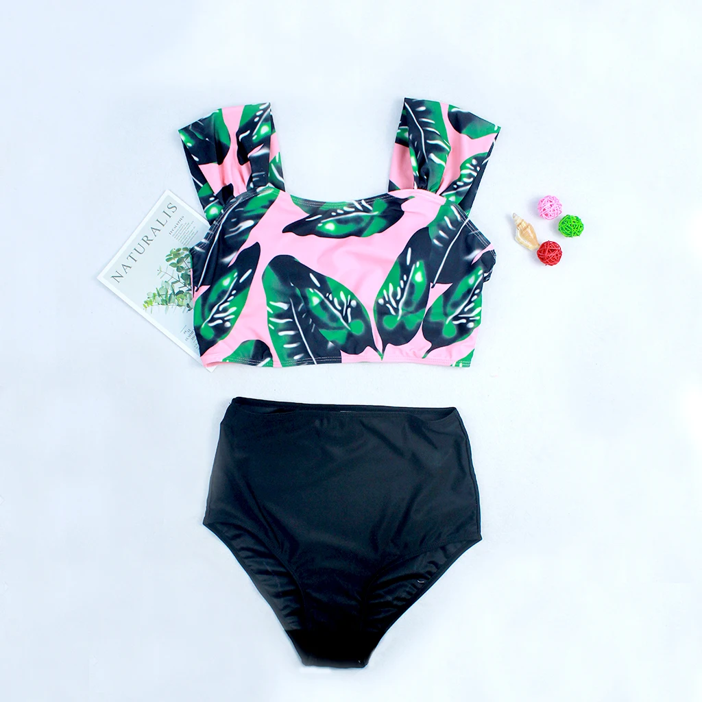 

New Women Bikini Set Leaf Print Swimsuit Two-Pieces Swimwear Wide Strap Beachwear High Waist Swim Suit Hollow-out Bathing Suit