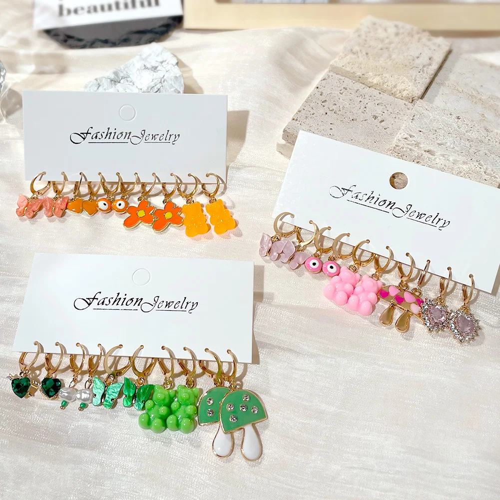 Flatfoosie 5Pair Pink Blue Heart Butterfly Drop Earrings Set For Women Boho Cute Star Moon Eye Dangle Earring 2022 Trend Jewelry