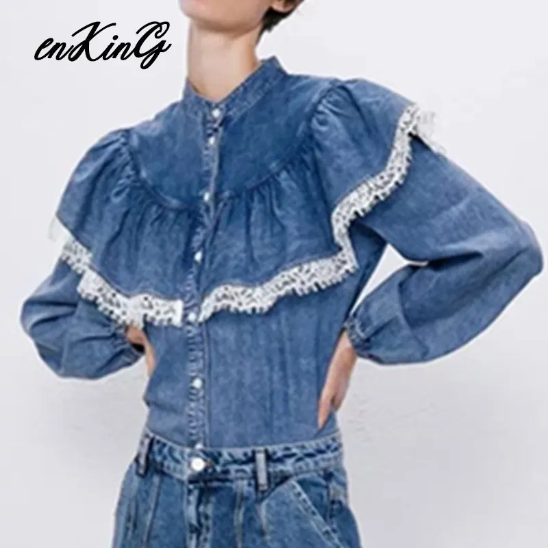 Английская винтажная кружевная Джинсовая блузка с оборками, женская блузка, женская рубашка-кимоно, Женские топы и блузки размера плюс