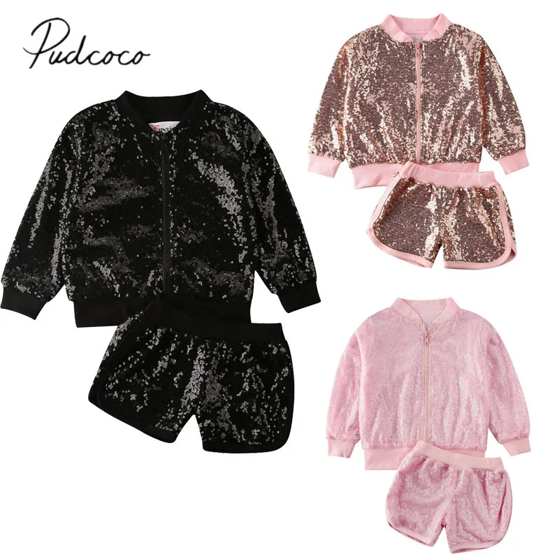 Коллекция года, весенне-осенняя одежда для малышей повседневный комплект из 2 предметов для новорожденных девочек с блестками, топы, куртка, пальто+ шорты, Штаны Твердые наряды, комплекты