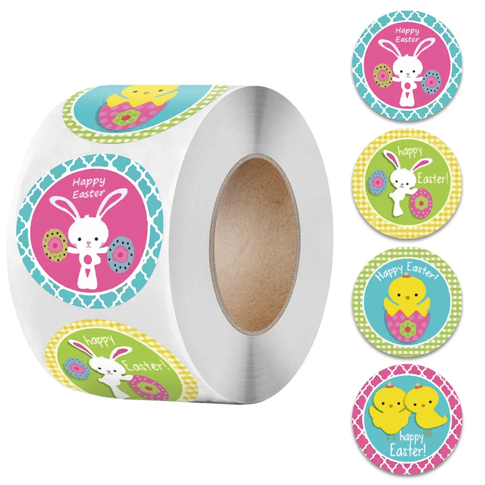 500pcs/roll Round Rabbit Bunny Happy Easter Stickers For Gift Bag+ 
