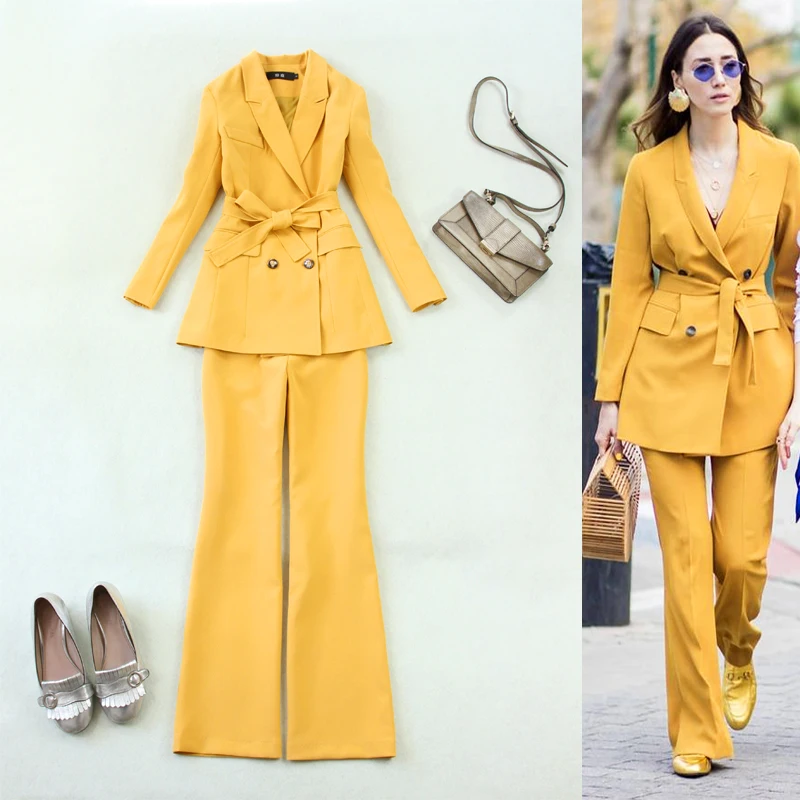 

Women's suit spring and autumn new style banana yellow belt OLdouble-breasted suit + flared trousers occupation 2piece set women