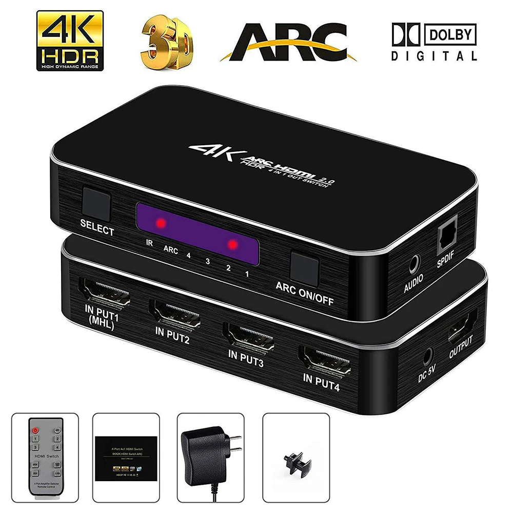 

New UHD HDMI Switch 2.0 4K 60HZ HDR 4x1 Adapter Switcher with Audio Extractor 3.5 jack optical fiber cable ARC splitter for PS4