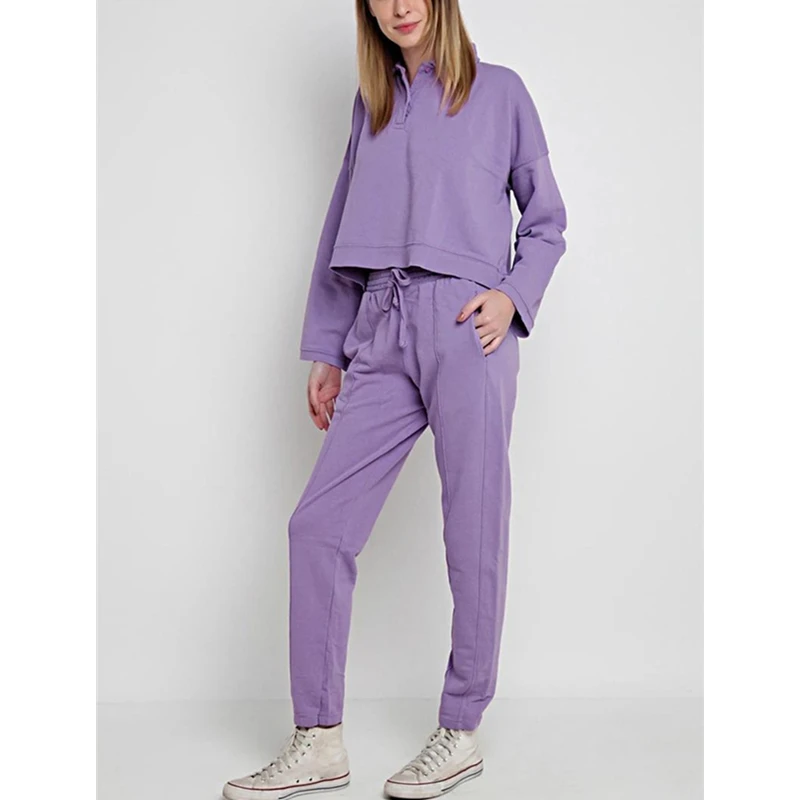 

Women Autumn Sexy Soild Color Casual Sets Long Sleeve Tops Drawstring Pants Female Two Pieces Pullover Outfits Matching Sets