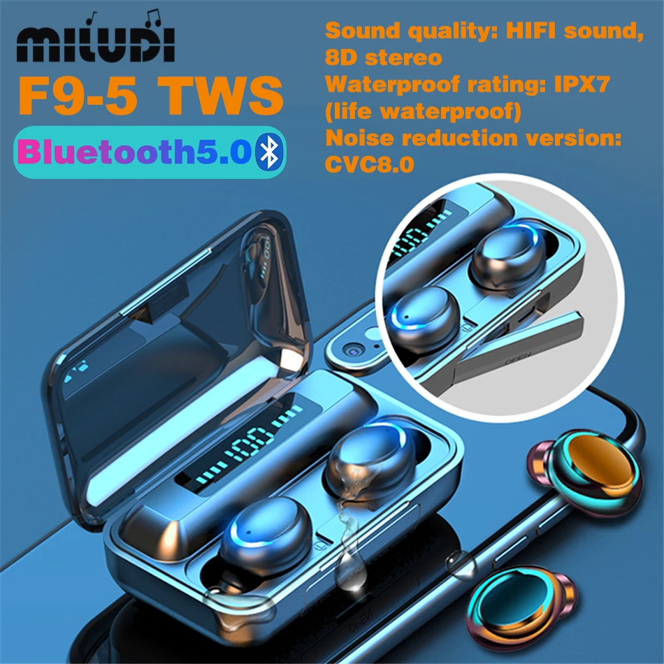 F9 5 TWS Bluetooth наушники Ipx7 для прослушивания музыки 8D спортивные с объемным