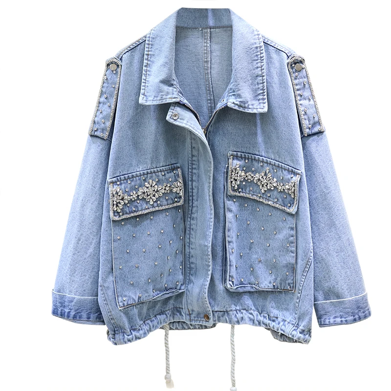 2020 весна осень новая свободная джинсовая куртка Женская мода Алмазная