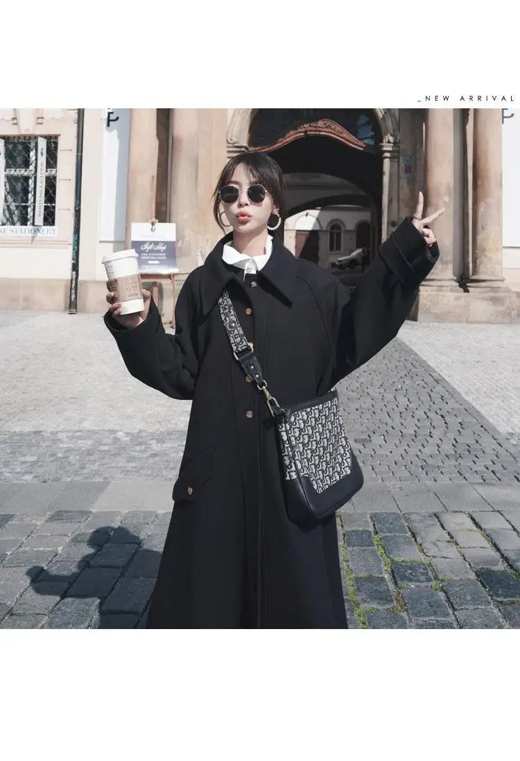 Photo Shoot Autumn& Winter New Style Korean-style Loose-Fit Hepburn-Style Black And White with Pattern Duffle Coat Long Ca