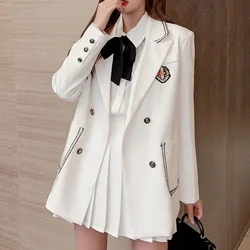 Women College Style Suit Three-pieces Set Jacket Student Pleated Skirt Blouse