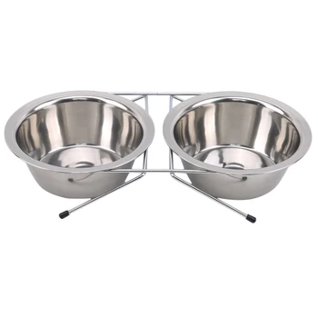 

Silver Stainless Steel With Bracket Double Bowl Cat Feeder Feeding Plate Feeding Food Water Pet Bowl