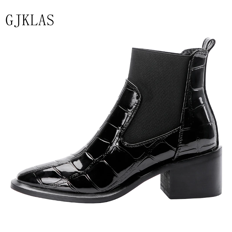 

Patent Leather Boots High Heels Women Black Ankle Boots for Women Shoes High Heel Round Toe Shoes Woman Spring Autumn Boots New