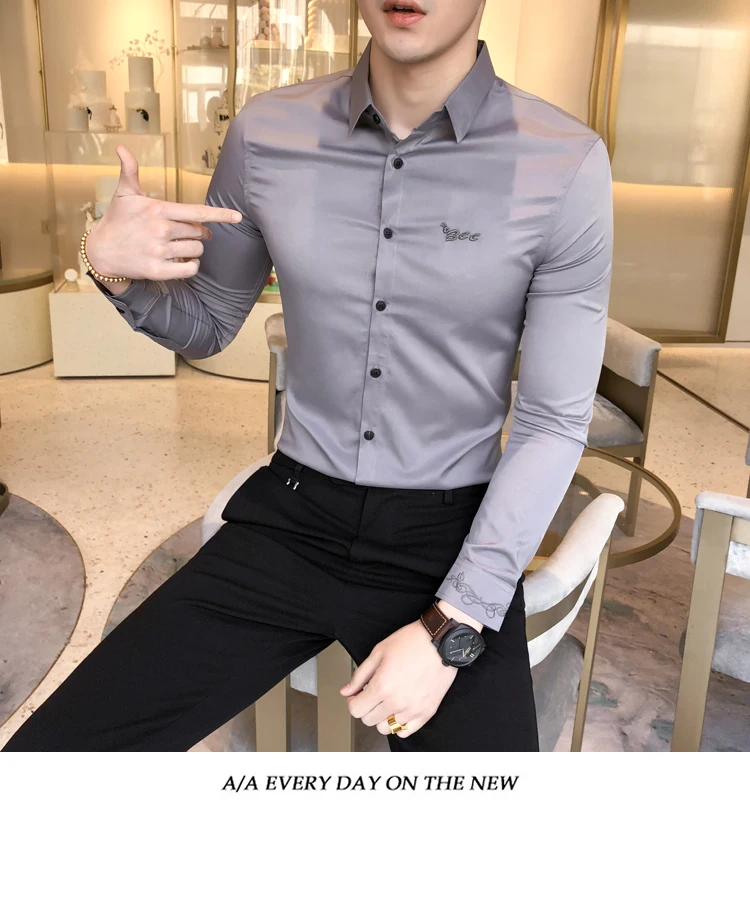 Фабрика прямая юбка Для мужчин 2019 Весна Новые эластичные Slim Fit Бизнес повседневные мужские рубашки с длинным рукавом Твердые социальные