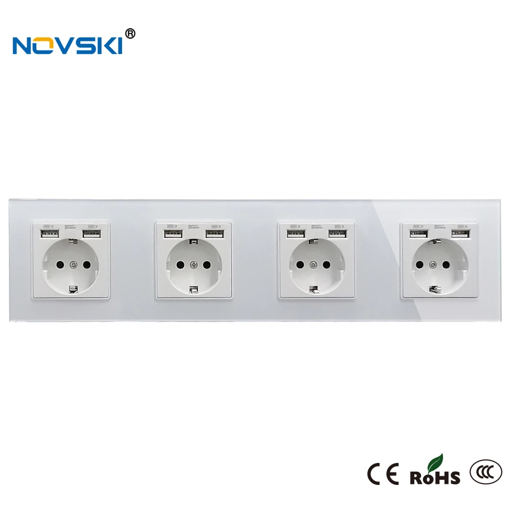 EU Schuko Multi USB Plug Wall Crystal Glass Panel Power Socket Grounded, 16A Quadruple Electrical Socket White, 5 Years Warranty