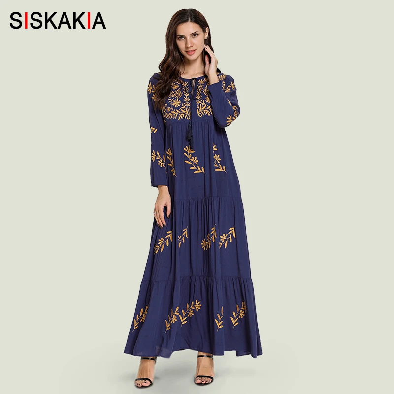 

Siskakia Long Sleeve Dresses Autumn 2019 New Vegetation Embroidery Maxi Dress Elegant Plus Size Arabian Muslim Clothes Navy Blue