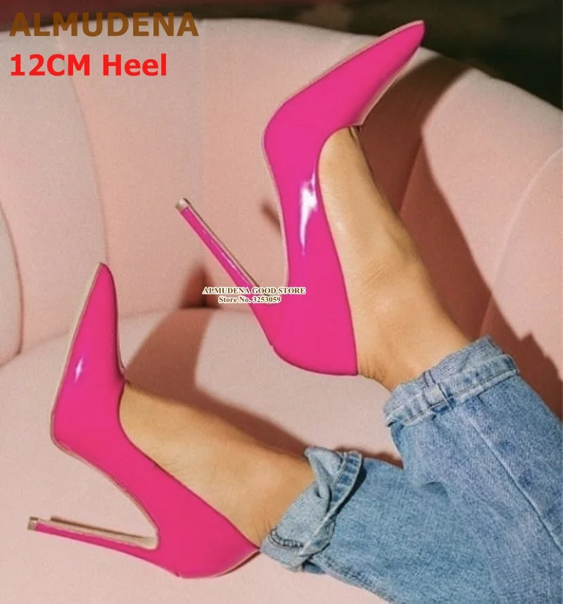 fuchsia 12cm heel ALMUDENA/брендовые туфли-лодочки на шпильке 12, 10, 8 см модельные туфли из лакированной кожи дизайнерские свадебные туфли с острым носком на тонком каблуке размер 45 - Цвет: fuchsia 12cm heel