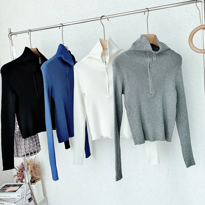 Korean Style Zipper Patchwork Sweater Pullover Women Casual Streetwear Turtleneck Chic Solid Female Kintting Tops | Женская одежда