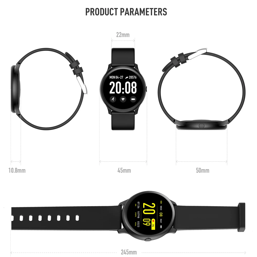 KW19 Waterproof Bluetooth Smart Watch For Women & Man Heart Rate Health Blood Pressure Monitor Sport Weather Forecast Smartwatch