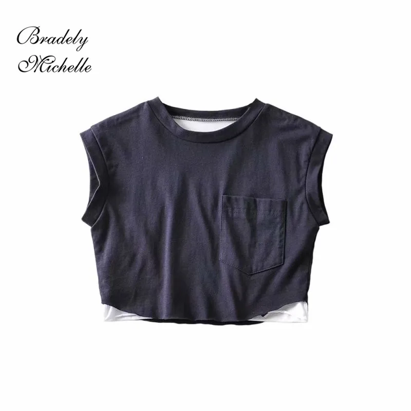 BRADLEY MICHELLE 2020 летняя имитация 2 в 1 футболка из двух частей короткий топ с карманами