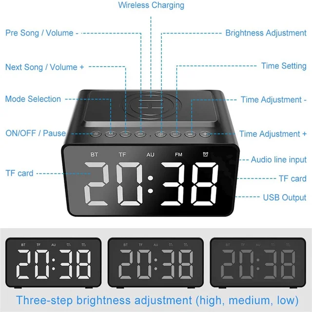 alarm clock digital Bluetooth Speaker fm radio with clock with USB Charger & Wireless QI Charging 3 Level Digital Desktop Clock 5