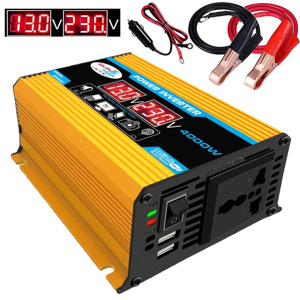 4000W Home Car Power Inverter DC12V to AC220V/110V Converter Adapter LED Display Dual USB Voltage Transformer Modified Sine Wave