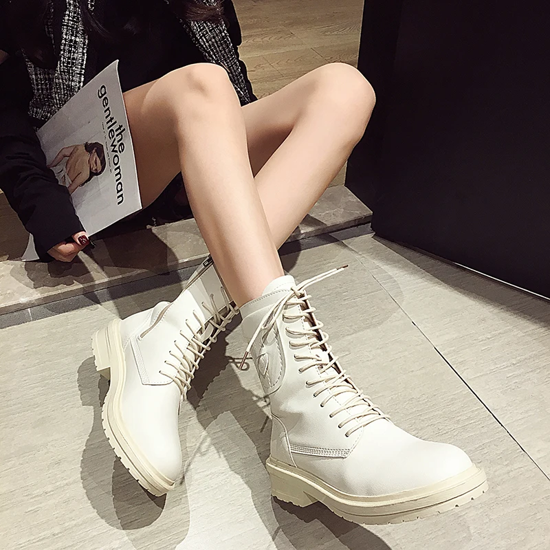 Martin botas mujer; крутые женские мотоциклетные ботинки на толстой подошве со шнуровкой; женские рыцарские ботинки до середины икры на низком каблуке и молнии; зимняя плюшевая обувь